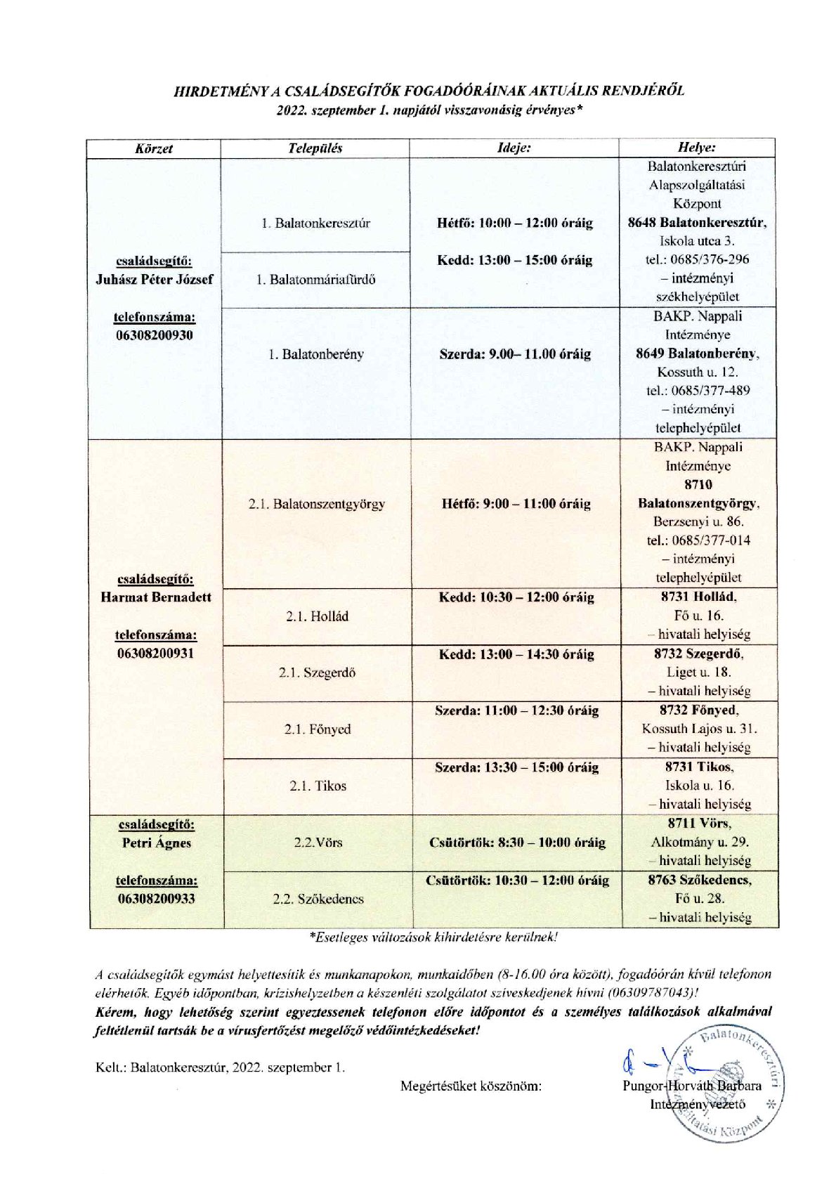 Családsegítők fogadóórái 2022.09.01